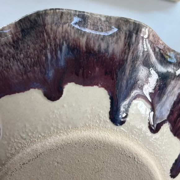 Art Studio Pottery Signed Trinket Dish Bowl Purple Blue Glazed Ruffled Edge - Picture 9 of 12